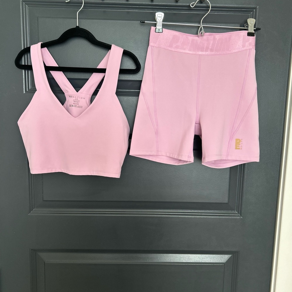 P.E Nation Lavender Pink Sports Bra and Shorts Set